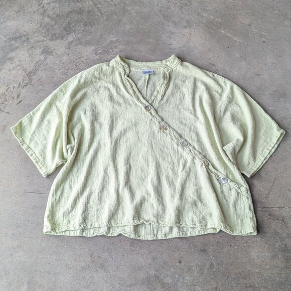Oh My Gauze! Tops - Oh My Gauze! Pastel Green Sage Asymmetric Button Front Short Sleeve Cotton Top